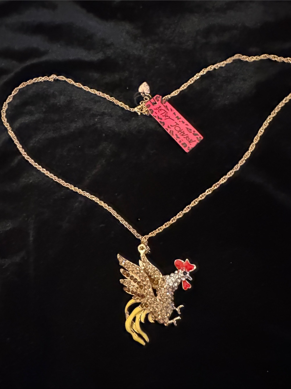 Brand New Betsey Johnson Gold-Tone Rooster Necklace with Red and Yellow Accents